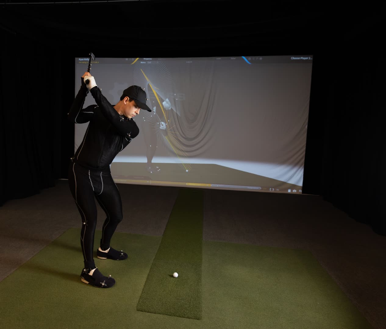 Rick Silva capturing a player's swing under 3D optical motion capture at the Movement 3 Golf studio