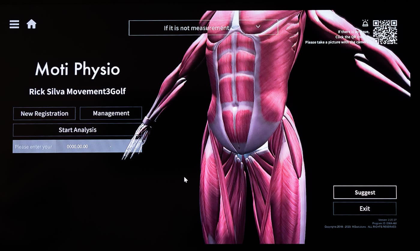 Moti Physio anatomical analysis screen branded for Rick Silva at Movement 3 Golf
